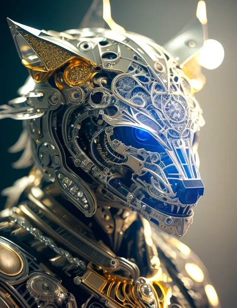 Wolf - the futuristic biomechanical android, beautiful natural soft light, rim light, gold fractal details, metallic fine lace, muscular, mandelbot fractal anatomical, diamond, facial muscles, elegant, ultra detailed,
