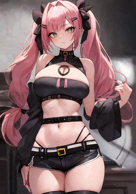 (masterpiece:1.4,_best_quality), masterpiece_illustration, simple_background, sharp_focus, beautiful_detailed_eyes, beautiful_detailed_eyelashes, 1girl, solo, green_eyes, pink_hair, long_hair, very_long_hair, ((twintails)), bangs, hair_ornament, hairclip, ...