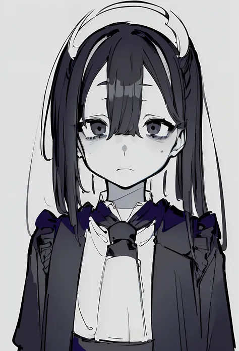 (((masterpiece, illustration, strong outlines)), monochrome, chiaroscuro, (simple background, transparent background, exotic simple background), a japanese girl, suit, black jacket, white shirt, black necktie, serious face, (bags under eyes, dark circles u...