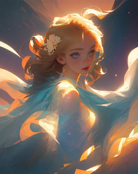 (best quality, masterpiece), 1girl, pose, particle, wind, flower, upper body, simple background, looking at viewer, blonde, galaxy,backlit,rim light,glow