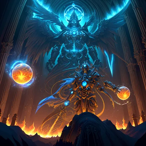 (android mechanical lich in foreground hovering above a massive gothic cathedral)=1.6, robot wings:Unholy Bioluminescent Flame,earnst haeckel, james jean. generative art, baroque, intricate patterns=1.1, fractalism, movie still, photorealistic, intricate, ...