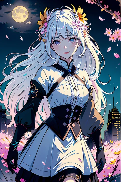 masterpiece, best quality, 1girl, (colorful),(finely detailed beautiful eyes and detailed face),cinematic lighting,bust shot,extremely detailed CG unity 8k wallpaper,white hair,solo,smile,intricate skirt,((flying petal)),(Flowery meadow) sky, cloudy_sky, b...