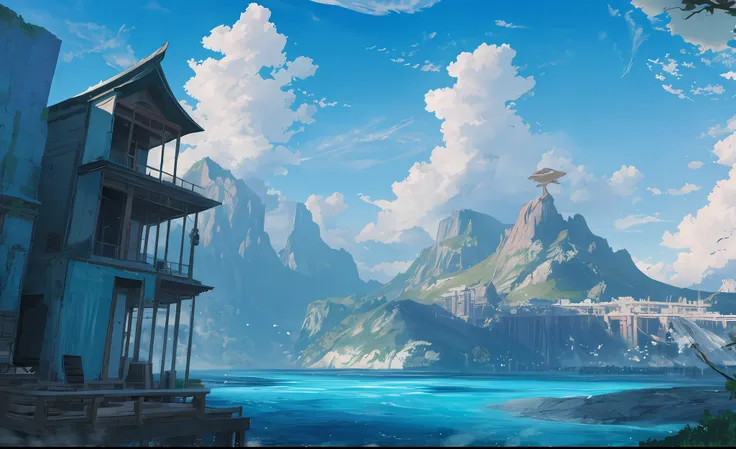 ConceptArt, no humans, scenery, water, sky, day, tree, cloud, waterfall, outdoors, building, nature, river, blue sky