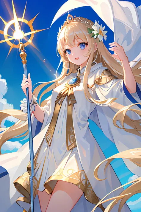 masterpiece, best quality, ultra-detailed, goddess, white robe, long hair, gold hair, staff, sun shine, blue sky