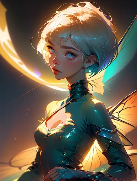 (Best quality, masterpiece, ultra-detailed CG unity 8k wallpaper),(Dynamic angle, floating, gorgeous,(1 woman),(pixie cut:1.3) hairstyle,(beautiful eyes)), Volumetric light, colorful and vibrant background.