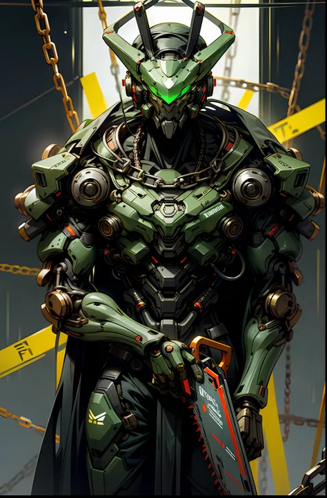 Dark_Fantasy,Cyberpunk,(chain saw,chain saw man,Red:1.1),1man,Mechanical marvel,Robotic presence,Cybernetic guardian, green color