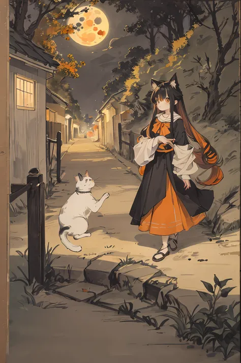 tricolor cat,orange,cute,big eyes,masterpiece,full moon,alley