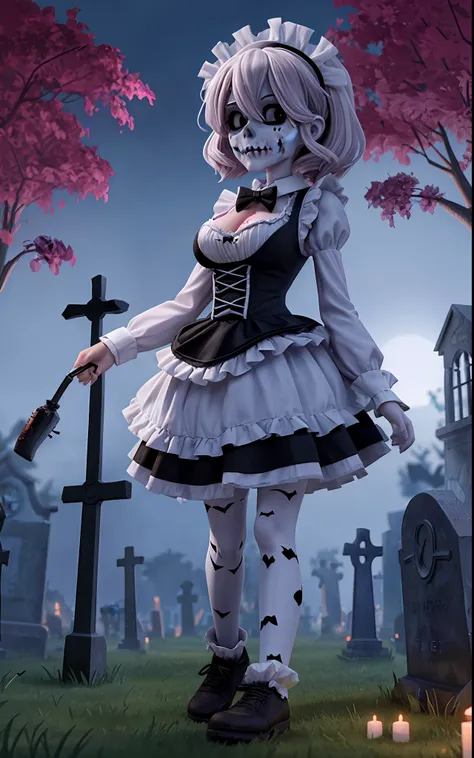 Create a 64k image of a zombie skeleton woman, dressed as a maid, in a macabre graveyard at night.