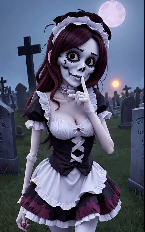 Create a 64k image of a zombie skeleton woman, dressed as a maid, sticking her finger in her nose, to get meleca, in a macabre graveyard at night.