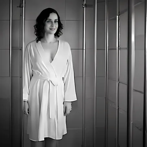 iayuso person, detainee, prisoner, russian jail, handcuffed, (robe, white, elegant, detailed, transparent 1.34, heels, prisoner,...