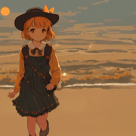 (extremely detailed, masterpiece, pulp style),(better lighting, better shading, extremely delicate and beautiful),
[(little girl),(dressed as a cowboy),(walking happily with her orange cat),(far west),(daytime)]:0.8, 
[desert landscape, sand and rocks, bur...
