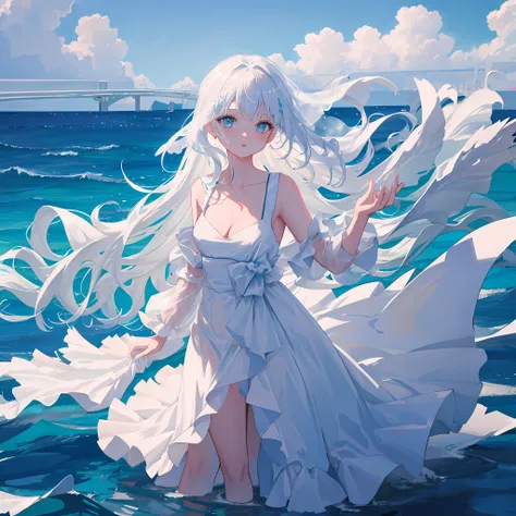 1girl,solo,white_hair,liquid hair, long hair, standing, liquid clothes, wedding dress, sea, large breasts, water,standing,lifted...