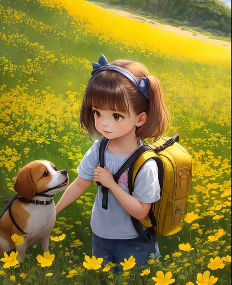 tip: a very charming little girl with a backpack and her cute puppy enjoying a lovely spring outing surrounded by beautiful yell...