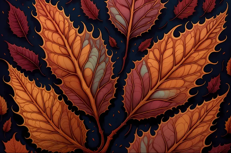 detailed art by dan mumford in 8k format. beautiful close-up of psychedelic autumn leaf. colors by greg rutkowski. extreme large...