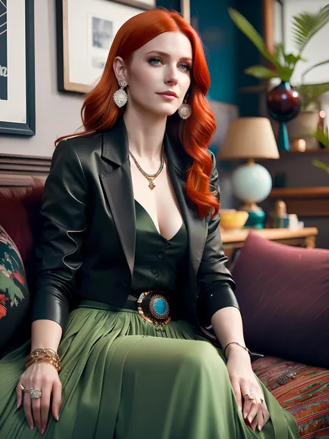 fking_scifi_v2, photorealistic portrait of a beautiful red hair woman sitting on a couch, wearing a long green skirt, a black cropped shirt, lots of colorful jewelry, a colorized photo by Claude Rogers, featured on flickr, kitsch movement, maximalist, stud...