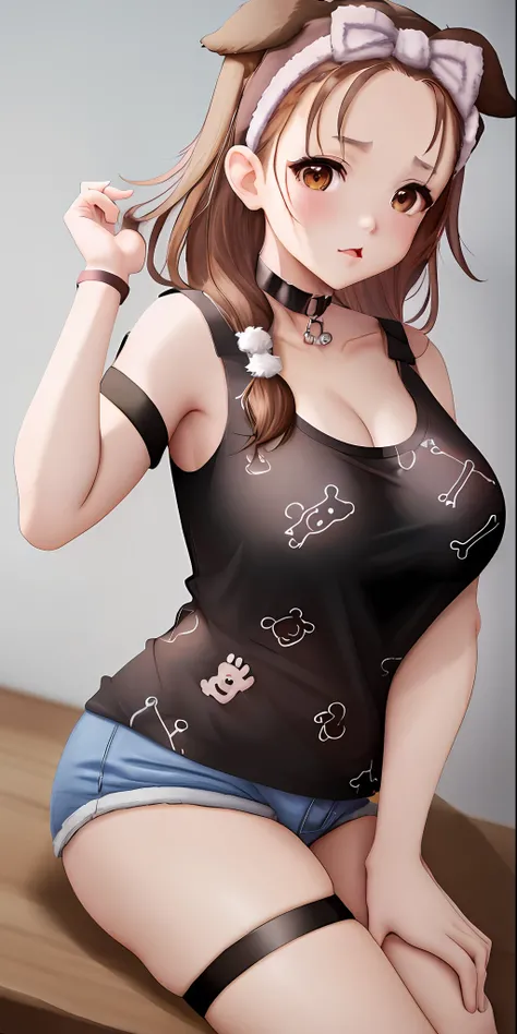 ik3, black shirt, animal ears, brown hair, forehead, bow hairband, cleavage, black choker, medium breasts, thigh strap, print shirt, sleeveless shirt, short shorts, gigantic breast