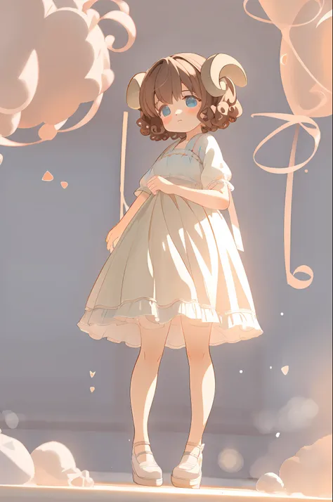 cute little girl with big watery eyes, full body, delicate shoes, delicate hair, cute brown clothes, plush, cute goat horns, sho...