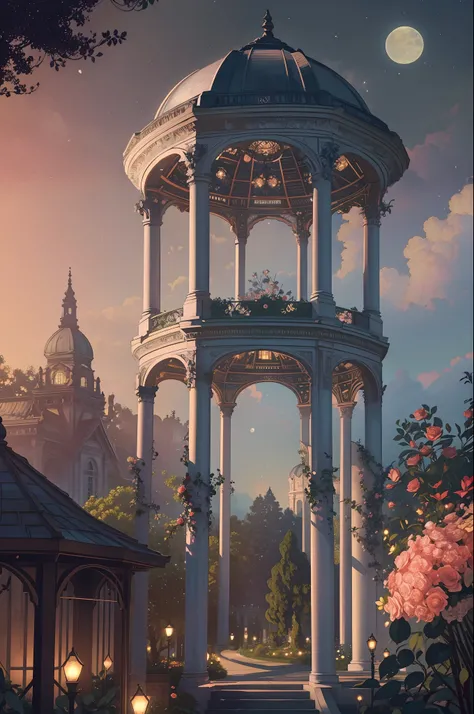 (Illustration:1.3), (secret garden), lush, floral, rose, (botanical), romanticism, moody, space, stars, nebula, beautiful clouds, moon, trellis, lattice, garden, gazebo, (realistic:1.5), (good shading), good architecture, volumetric lighting, cinematic, go...