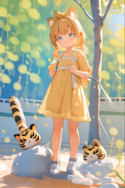 cute little girl with big watery eyes, full body, delicate shoes, delicate hair, cute yellow striped clothes, little tiger, big ...