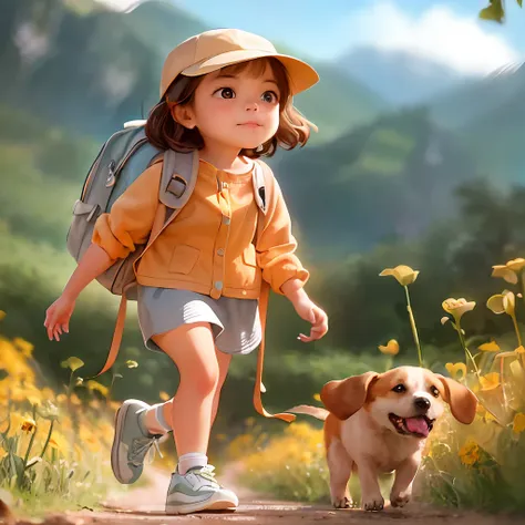 Tip: A very charming little girl with a backpack and her cute puppy enjoying a lovely spring outing surrounded by beautiful yellow flowers and nature. The illustration is a high-definition illustration in 4k resolution, featuring highly detailed facial fea...