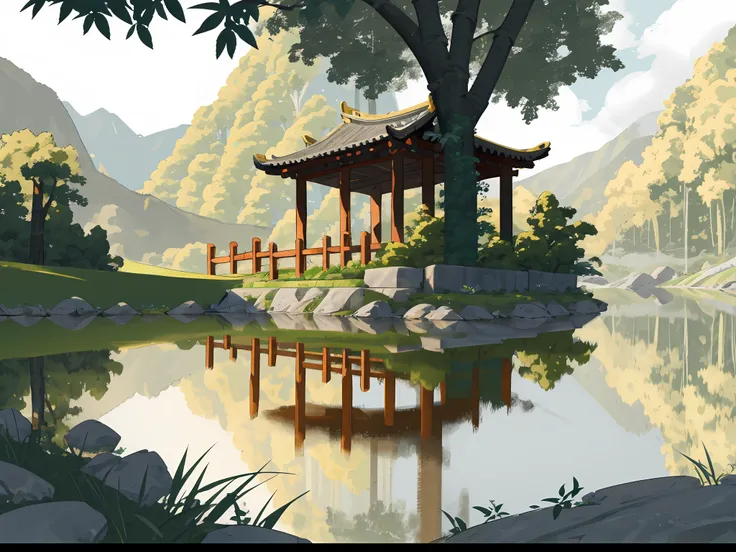 ancient chinese architecture, spring, dark night, garden, bamboo, lake, stone bridge, peach blossom, trees, flowing water, lands...