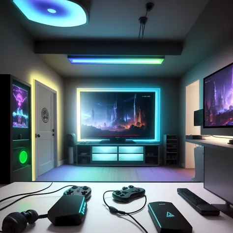 A gamer room, RGB, wonderful, in the dark only LED lighting, (HD) (realistic) (architecture) (3D)