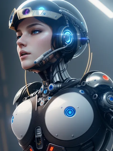Complex 3D rendering Ultra details of a beautiful porcelain silhouette woman android face, cyborg, steampunk detail, robot parts, 150 mm, beautiful studio soft light, edge light, vibrant detail, luxury cyberpunk, lace, surreal, anatomy, facial muscles, cab...
