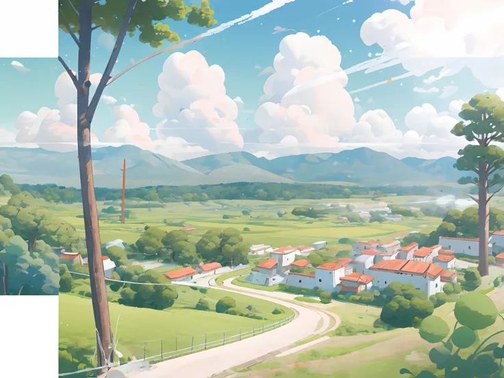 (japanese landscape), (hayao miyazaki style), cartoon, modern countryside, roads, curves, low houses, trees, poles, white clouds...