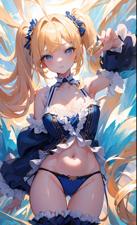 8k portrait of a young girl with twin tail blonde hair, blue stripes panties, low cut, cleavage, small chests, elegant, highly detailed, majestic, digital photography, surreal painting (masterpiece, sidelighting, finely detailed beautiful eyes: 1.2), hdr