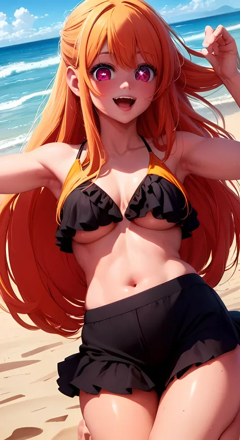 1girl, solo, star-shaped pupils in left eye, orange hair, long hair, pink eyes, multicolored bikini, blonde, bangs,happy,posing, multicolored hair, beach background