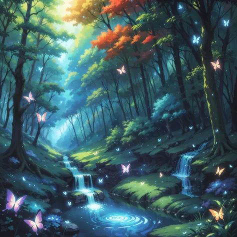 a painting of a stream in the woods with butterflies flying around, beautiful digital artwork, makoto shinkai cyril rolando, glo...