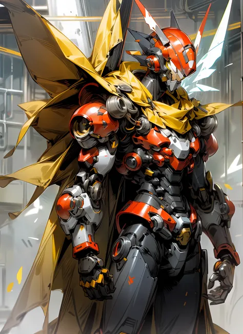 dark_fantasy, cyberpunk, (protoman from megaman, red and gray armor, fluttering yellow cape, helmet, : 1.1), 1man, mechanical wo...