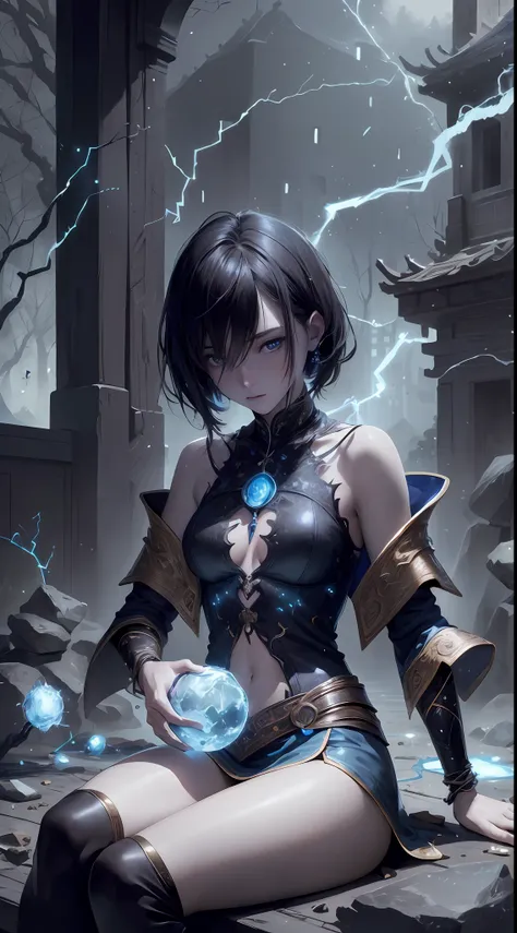 8k, complex, elegant, highly detailed, majestic, digital photography, denim lens, surrealist painting, broken glass, beating magic, winding lightning magic, (masterpiece, side light, fine beautiful eyes: 1.2), HDR, Void 5 energy lightning storm, (Chinese g...
