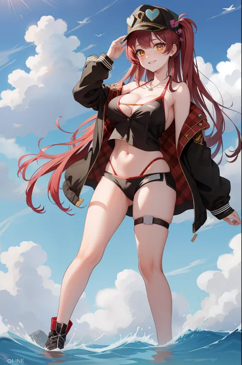 masterpiece, best quality, absurdres, perfect antomy, houshouBikini, 1girl, solo, heterochromia, red eyes, yellow eyes, long hair, jewelry, baseball cap, sunglasses, eyewear on headwear, black jacket, open jacket, white shorts, short shorts, red bikini, st...