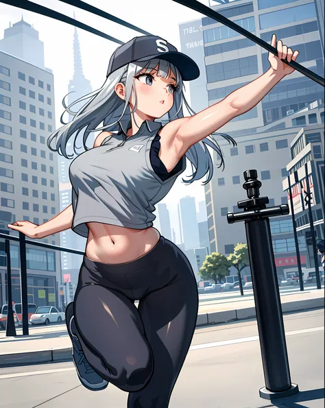 Unreal,
1 girl, silver bangs, yoga pants, sports vest, baseball cap, city street, detailed background