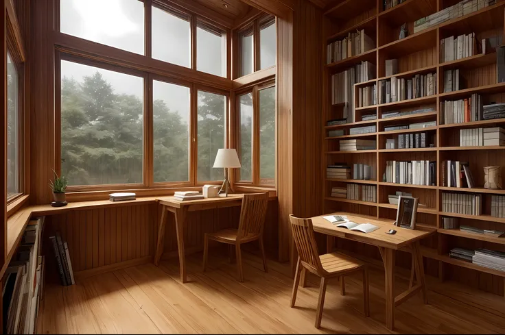 a cozy study space for book lovers with a view of the rain through the window, featuring a wooden table strewn with books to hel...