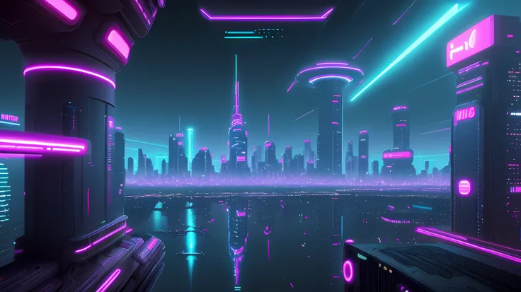 A big futurist city in cyberpunk style, neon, ultra wide view