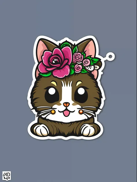 STICKER, A detailed illustration a print of vivid cute kitten head, fantasy flowers splash, vintage t-shirt design, in the style of Studio Ghibli, dynamic flora pastel tetradic colors, 3D vector art, cute and quirky, fantasy art, watercolor effect, bokeh, ...