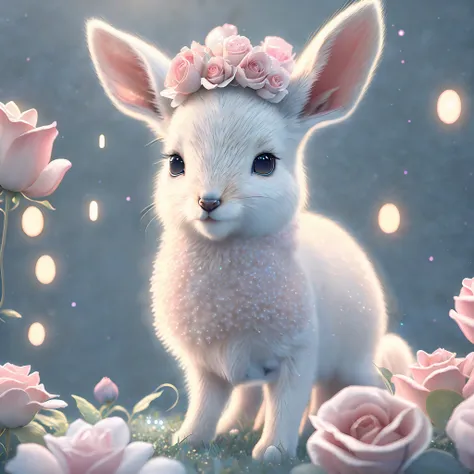 ultra-detailed cg art, adorable fawn surrounded by ethereal roses, pastels, glimmer bokeh, ethereal, best quality, highest resol...