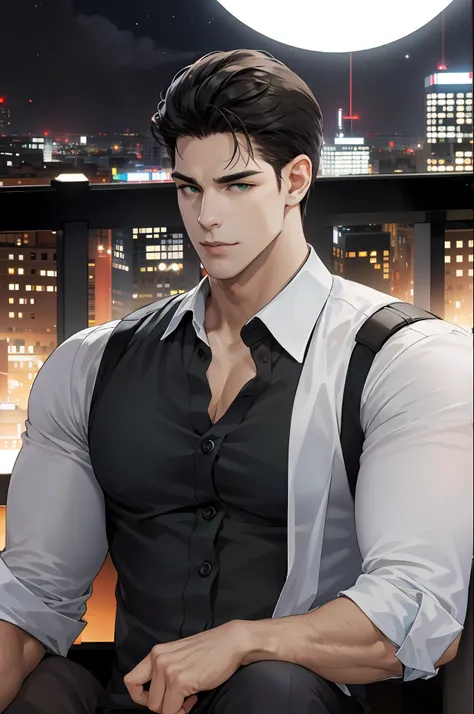 (hd, ultra detailed), (1 male, single, adult, mature: 1.4, age: 1.4, handsome), very short hair, black hair, hair oil, green eye...