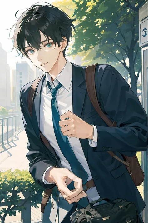 Masterpiece, Need for Good, 1boy, Male Focus, Handsome, Campus, Boulevard, Spindle Tree, Afternoon Sun, On the Way to School, School Uniform, Backpack, Front, Depth of Field