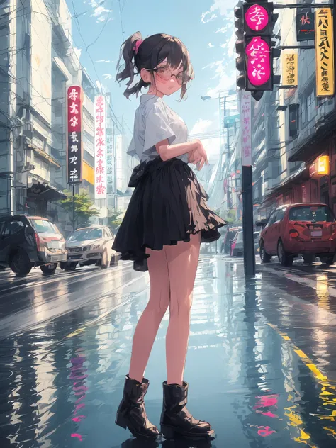 realistic, intricate details, perfect lighting, pretty face, delicate, female, glasses, characters, neon street, bare legs, blac...