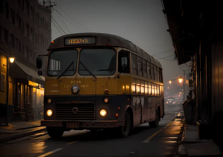 keanu reeves dark photo: sitting next to an old bus, realistic epic, portrait, eyes of atey ghailan, greg rutkowski, greg tocchi...