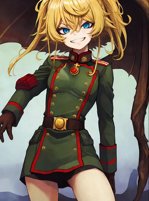 masterpiece, detailed, high quality, absurdres, tanya, 1girl, solo, evil grin, small breasts, curvy, military, military uniform,