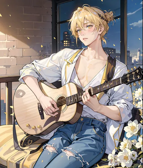masterpiece, best quality, 1 male, adult, golden blonde hair, musician, soft features, playful expression, yellow eyes, soft eyes, ((short hair)), ((man bun)), uhd, perfectly photorealistic, ((modern)), ((modern clothing)), city background, (playing guitar...