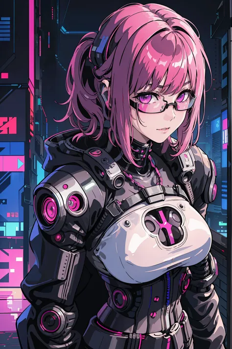 1girl, close-up, intricate details, (cyberpunk:1.4), mechanical arms, glasses, messy hair, (shiny neon armor:1.2), machines, bla...