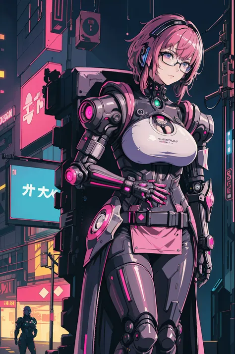 1girl, close-up, intricate details, (cyberpunk:1.4), mechanical arms, glasses, messy hair, (shiny neon armor:1.2), machines, bla...