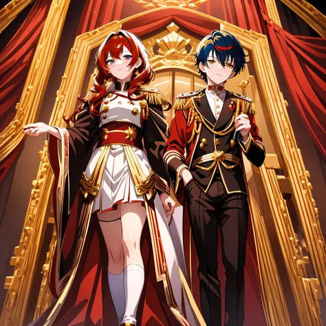 Anime boy,red and gold hair, royalty, royalty hair style,elite uniform,gold and red eyes, heterochromia, close up shot, extremely detailed eyes, glowing eyes, highest quality digital art, Stunning art, wallpaper 4k,8k,64k, HD, unparalleled masterpiece, dyn...