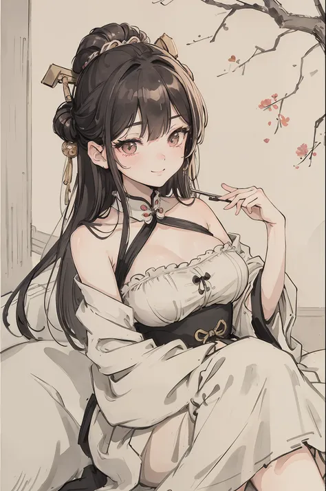 (masterpiece, best quality: 1.2), traditional Chinese ink painting, A cute 22 year old female with big breasts, Oversized dress :1.2, Couch, Ultra-detailed face, Detailed eyes, Double eyelid, sfw , long dress, Coy Smile, Exotic Facial Expressions