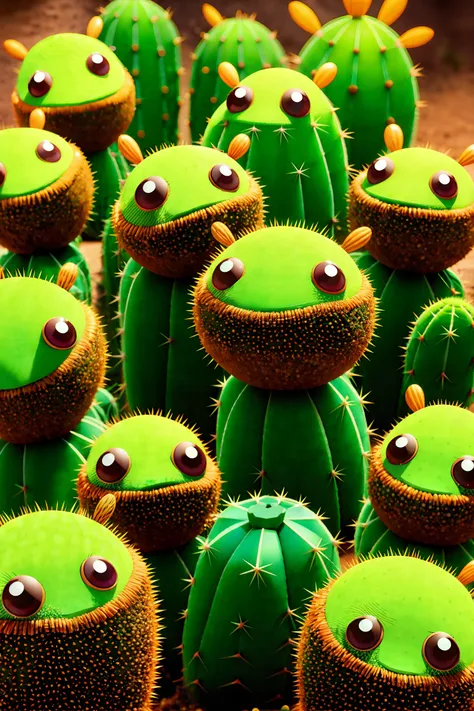 anthills made from adorable cactus,with big eyes,smiling face,animation,upscales